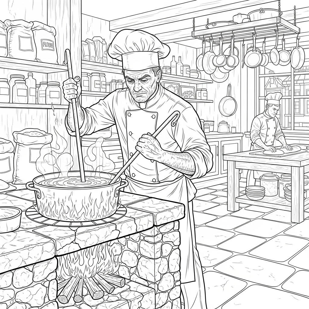 Challenging Realistic Chef Stirring A Pot Coloring Page coloring page printable