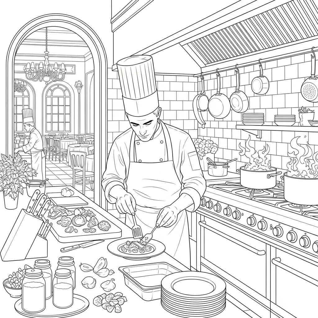 Intricate Chef Coloring Page with Apron and Hat coloring page printable
