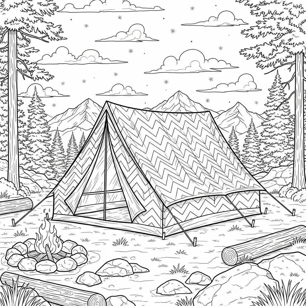 Challenging Chevron Patterned Tent Coloring Page for Campsites coloring page printable