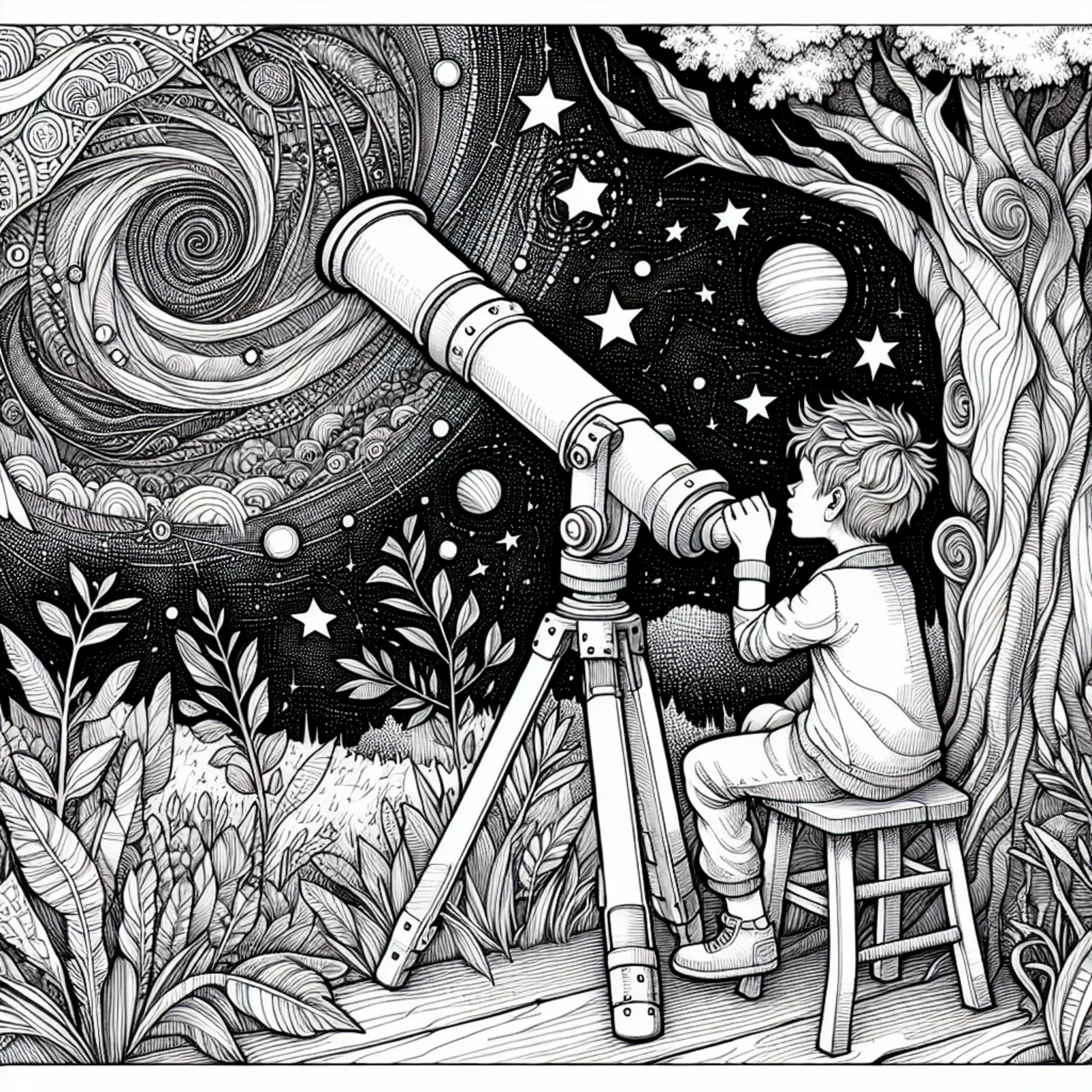 Página para Colorear de Niño Observando Estrellas con Telescopio coloring page printable