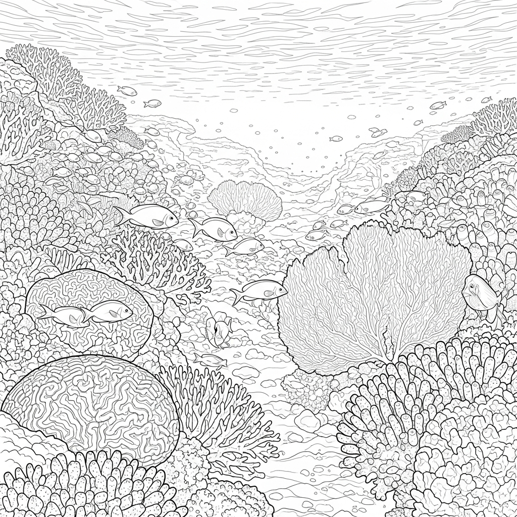 Page de Coloriage: Récif Corallien Réaliste Difficile Avec École de Poissons coloring page printable