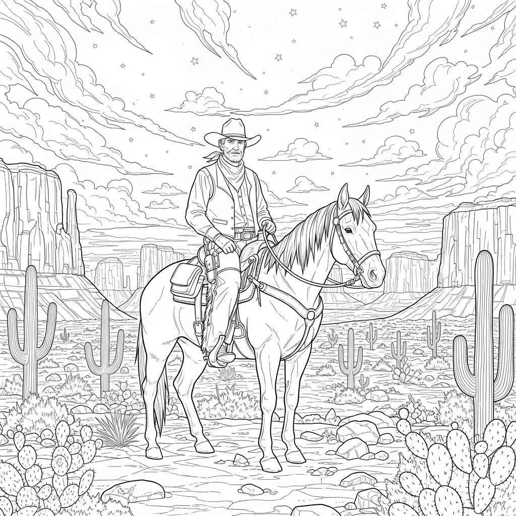 Challenging Cowboy and Horse in Desert Coloring Page coloring page printable