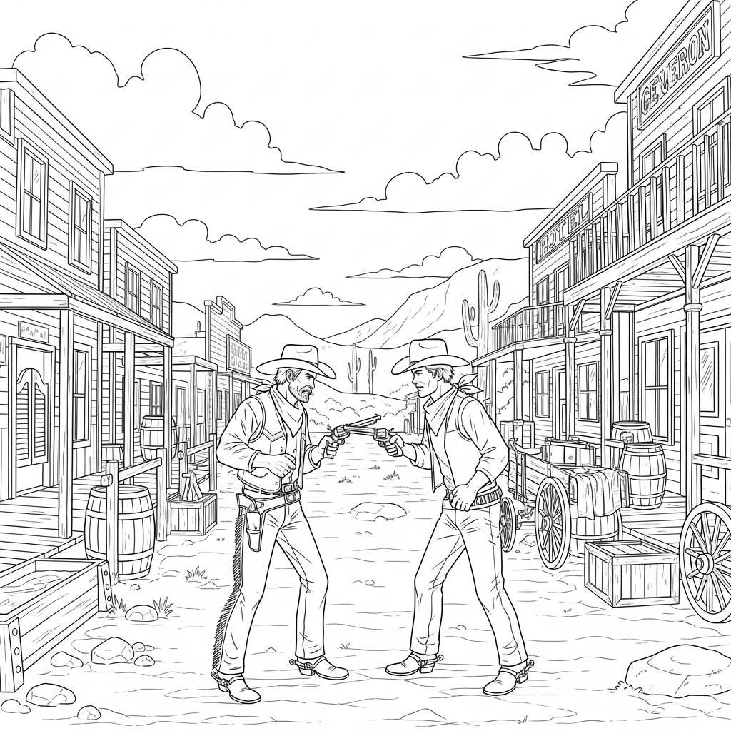 Veroordelende Cowboy Duel Kleurplaat op Oude West Street coloring page printable