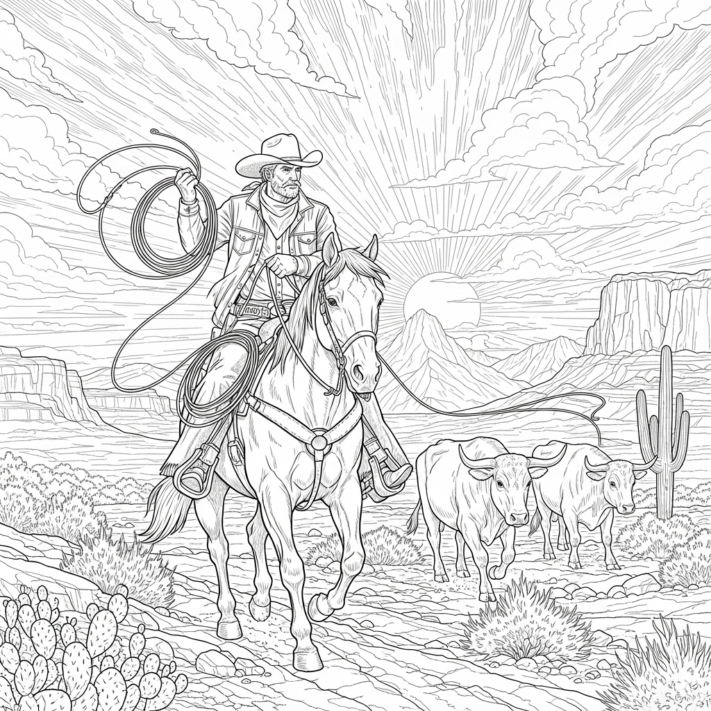 Challenging Cowboy Herding Cattle Coloring Page coloring page printable