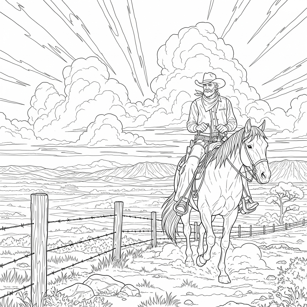 Challenging Realistic Cowboy on Ranch Coloring Page coloring page printable