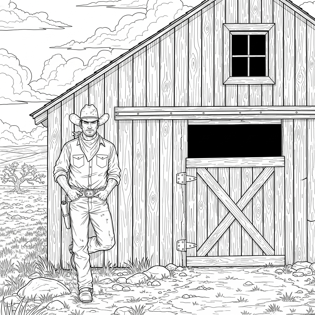 Realistic Cowboy Next to Barn Coloring Page coloring page printable