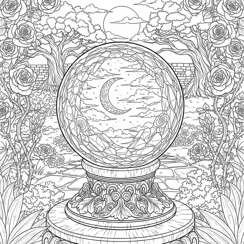 Challenging Realistic Crystal Ball on Ornate Pedestal Coloring Page coloring page printable
