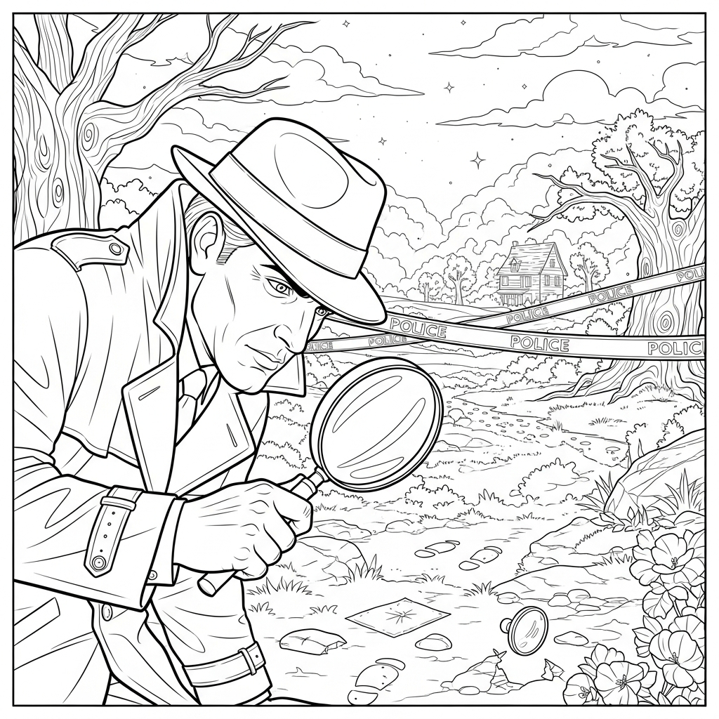 Página para Colorear: Detective Realista con Lupa en una Escena del Crimen coloring page printable