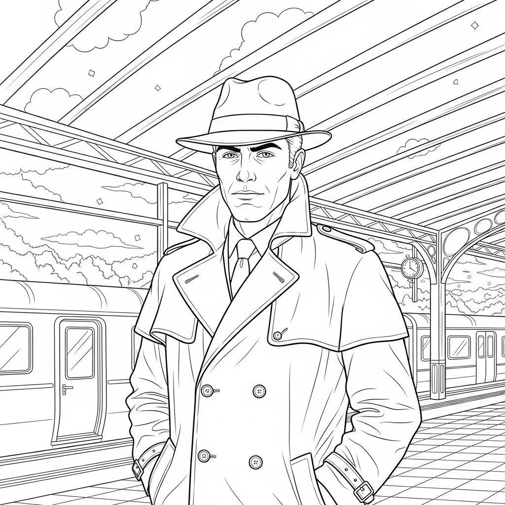 Schwierige realistische Detektiv-Malvorlage mit Trenchcoat und Fedora am Bahnhof coloring page printable