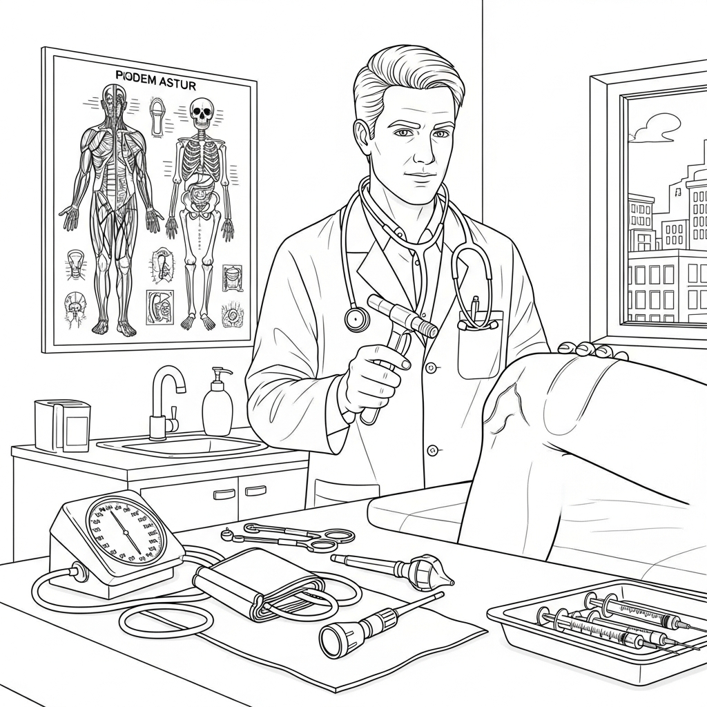 Realistische Dokter met Medische Hulpmiddelen Kleurplaat coloring page printable