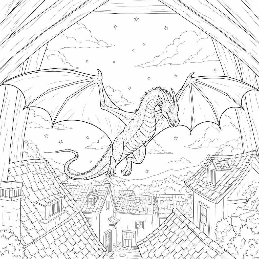 Majestic Dragon Soaring Over Village Rooftops Coloring Page coloring page printable