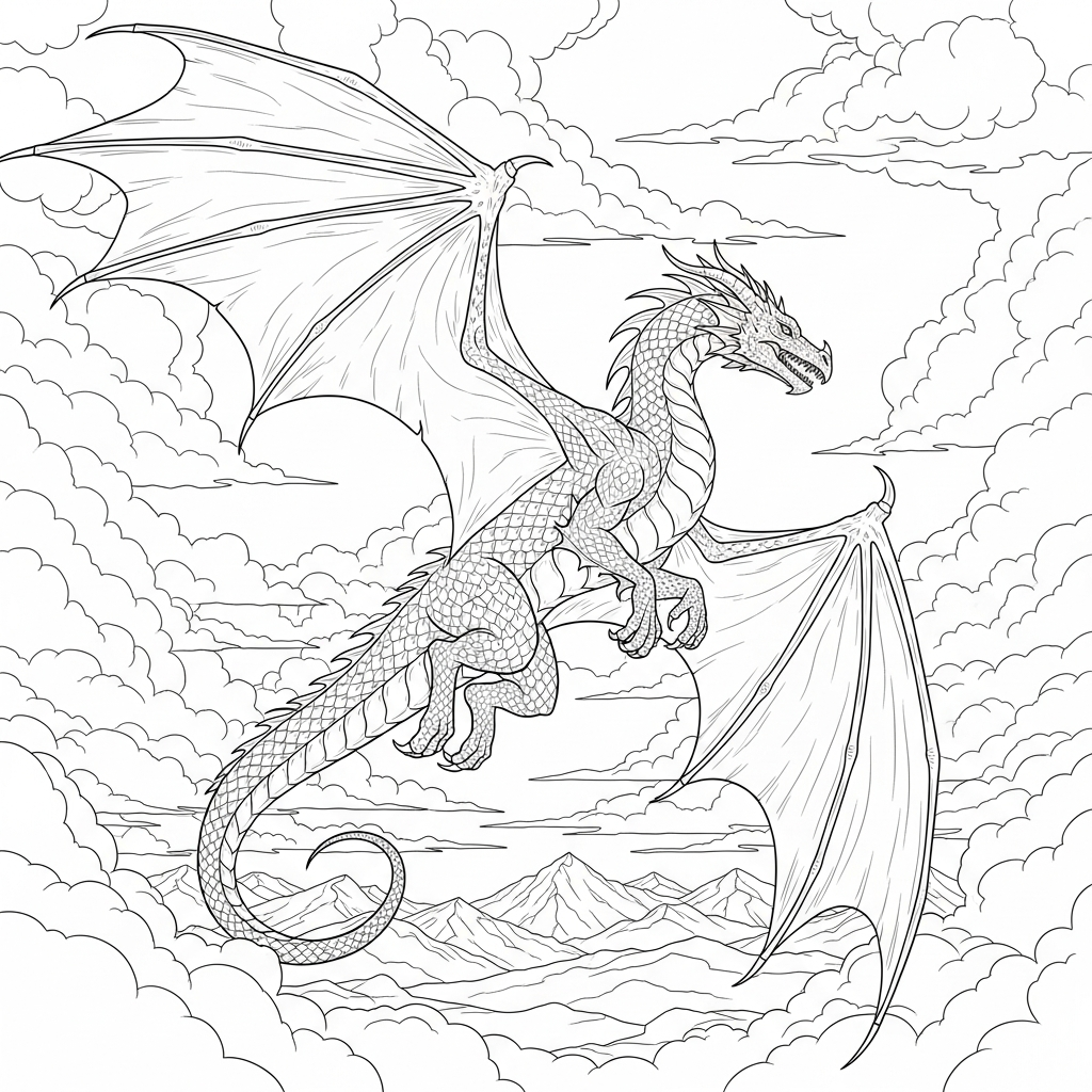 Realistic Dragon Coloring Page: Soaring Through a Cloudy Sky coloring page printable
