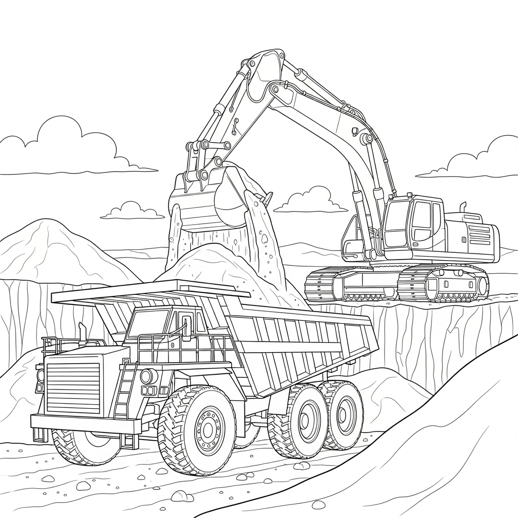 Realistic Dump Truck Loading Sand Coloring Page for Kids coloring page printable