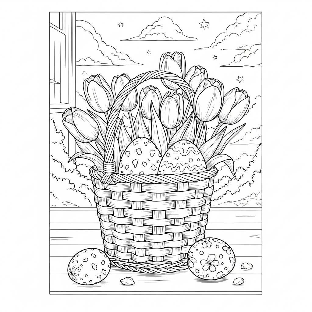Schwierige Realistische Osternest-Ausmalbild Mit Tulpen coloring page printable