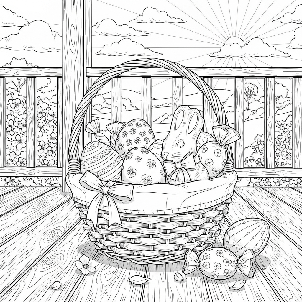 Colorindo uma Cesta de Páscoa Realista na Varanda coloring page printable