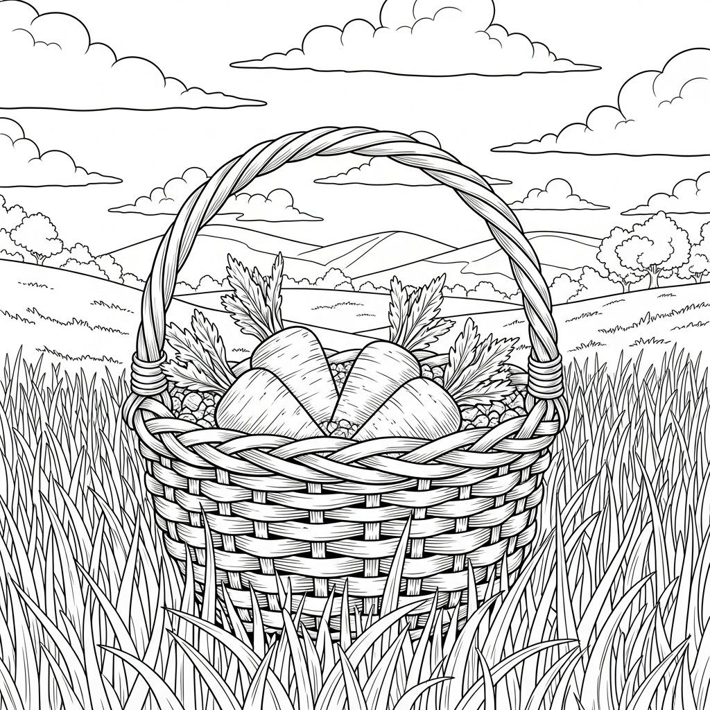 Realistic Easter Basket Coloring Page with Carrot Treats coloring page printable