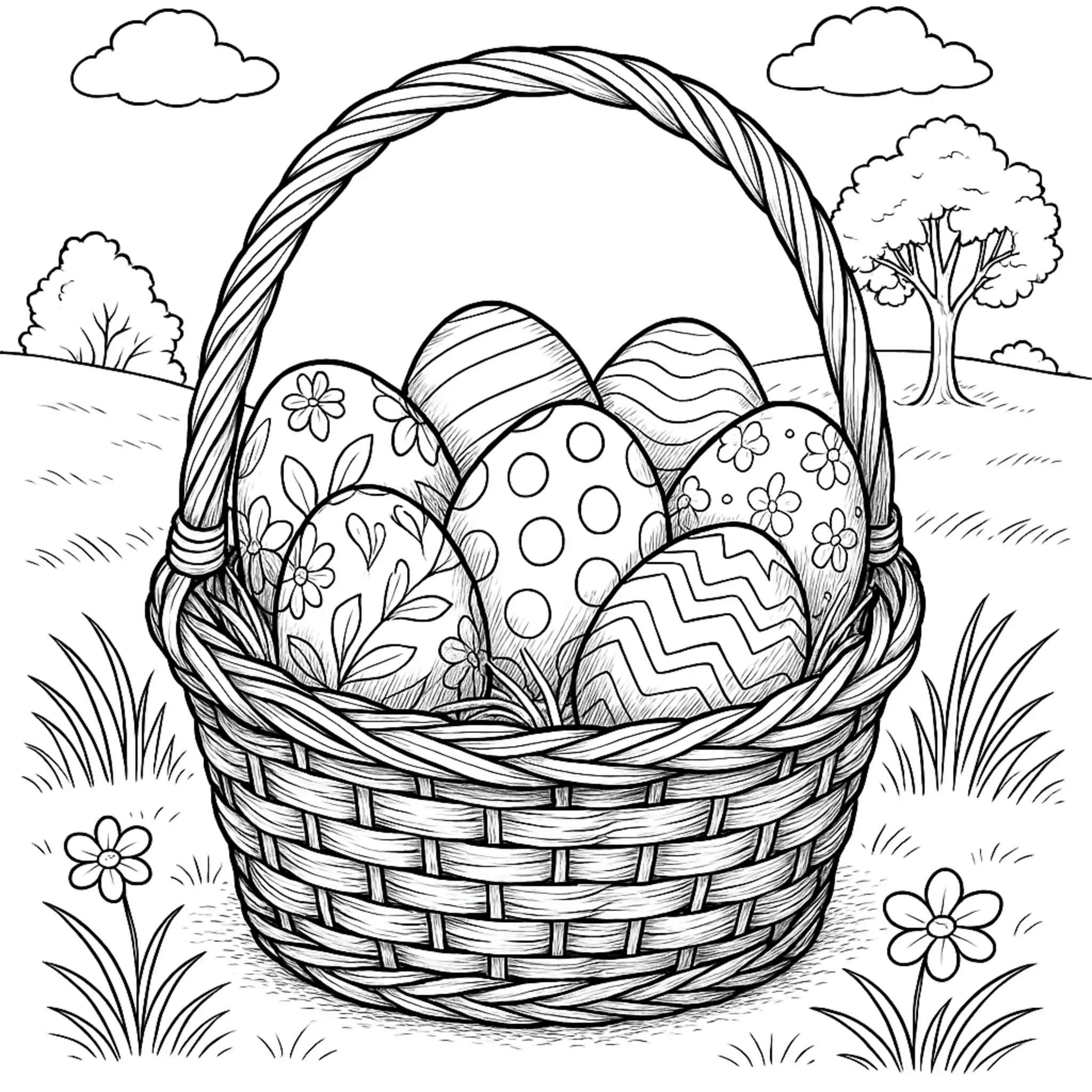 Explore Nossa Página de Colorir Realista da Cesta de Páscoa para um Desafio Criativo coloring page printable