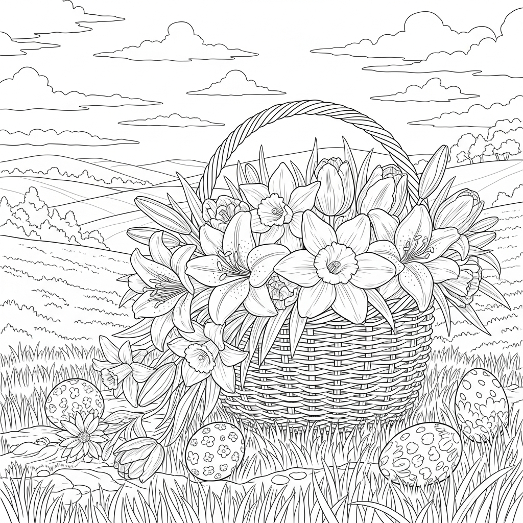 Página para Colorir de Cesta de Páscoa Realista Difícil com Flores coloring page printable