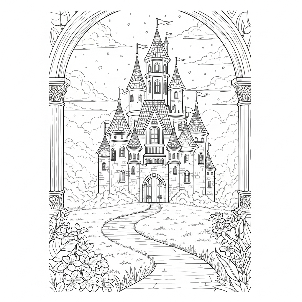 Coloriage Chalenge: Château Enchanté et Chemin Sinueux coloring page printable
