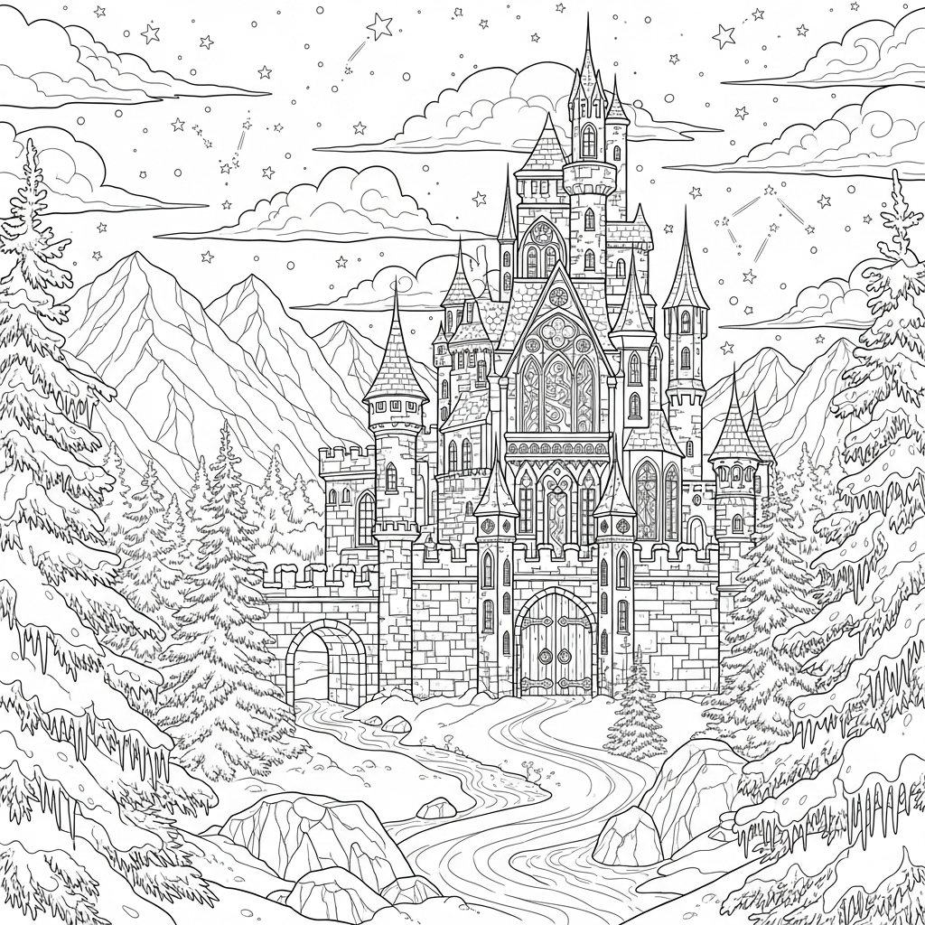 Challenging Realistic Enchanted Castle Coloring Page in a Snowy Scene coloring page printable