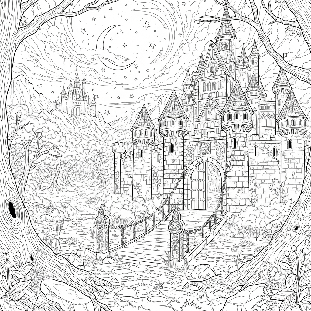Coloriage de Château Enchanté Réaliste avec Pont-levis coloring page printable