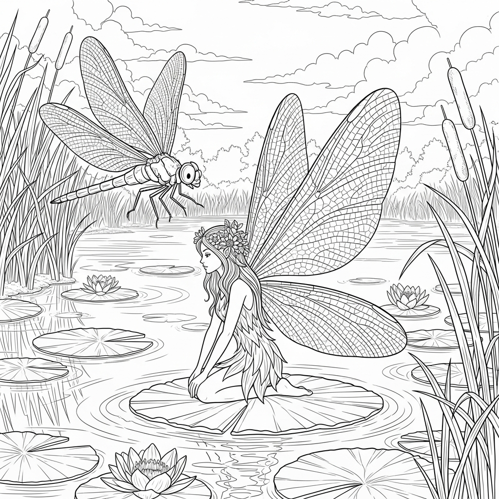 Pagina da Colorare: Fata Realistica e Libellula al Laghetto coloring page printable