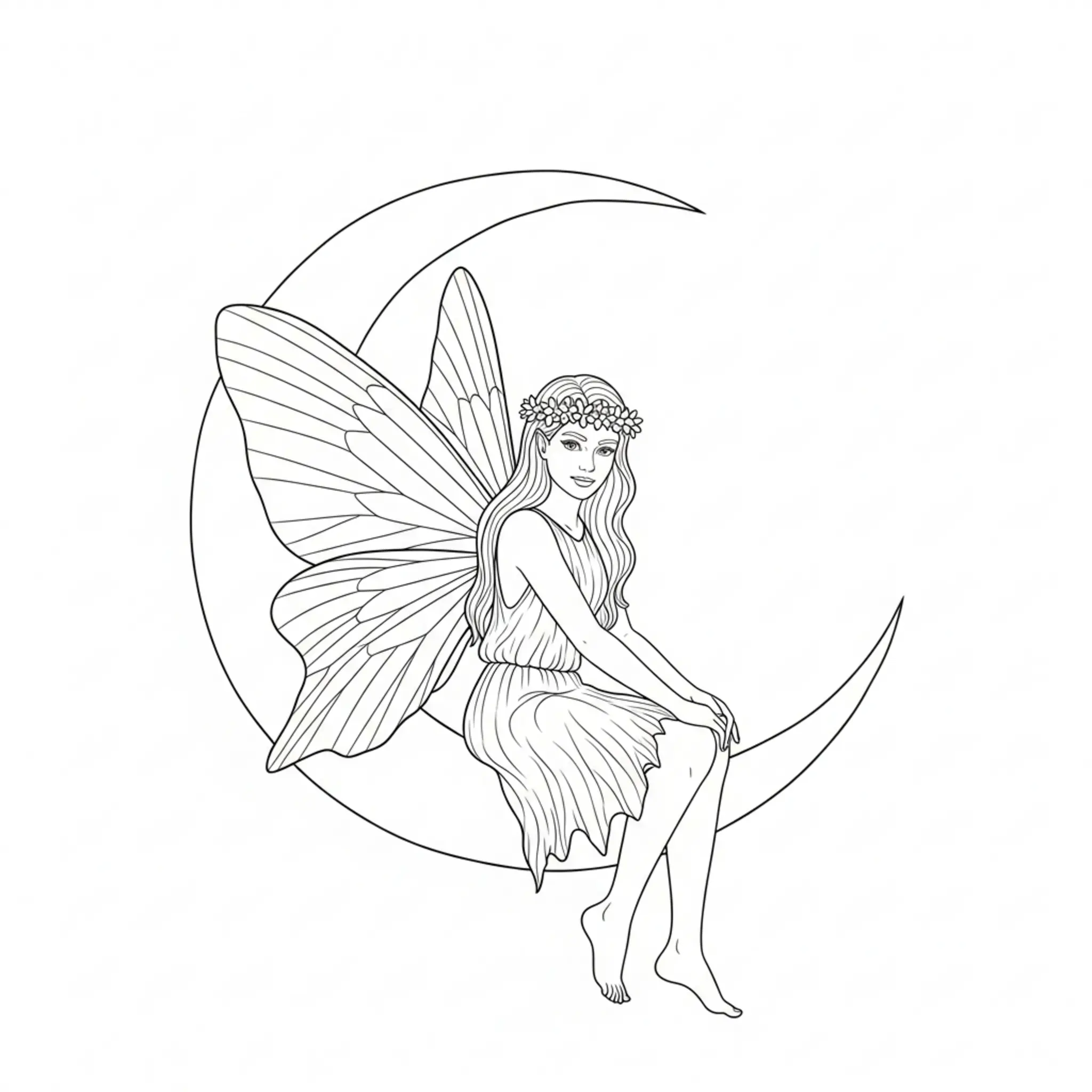 Fata Realistica Difficile Seduta Su Una Luna Crescente Colorare coloring page printable