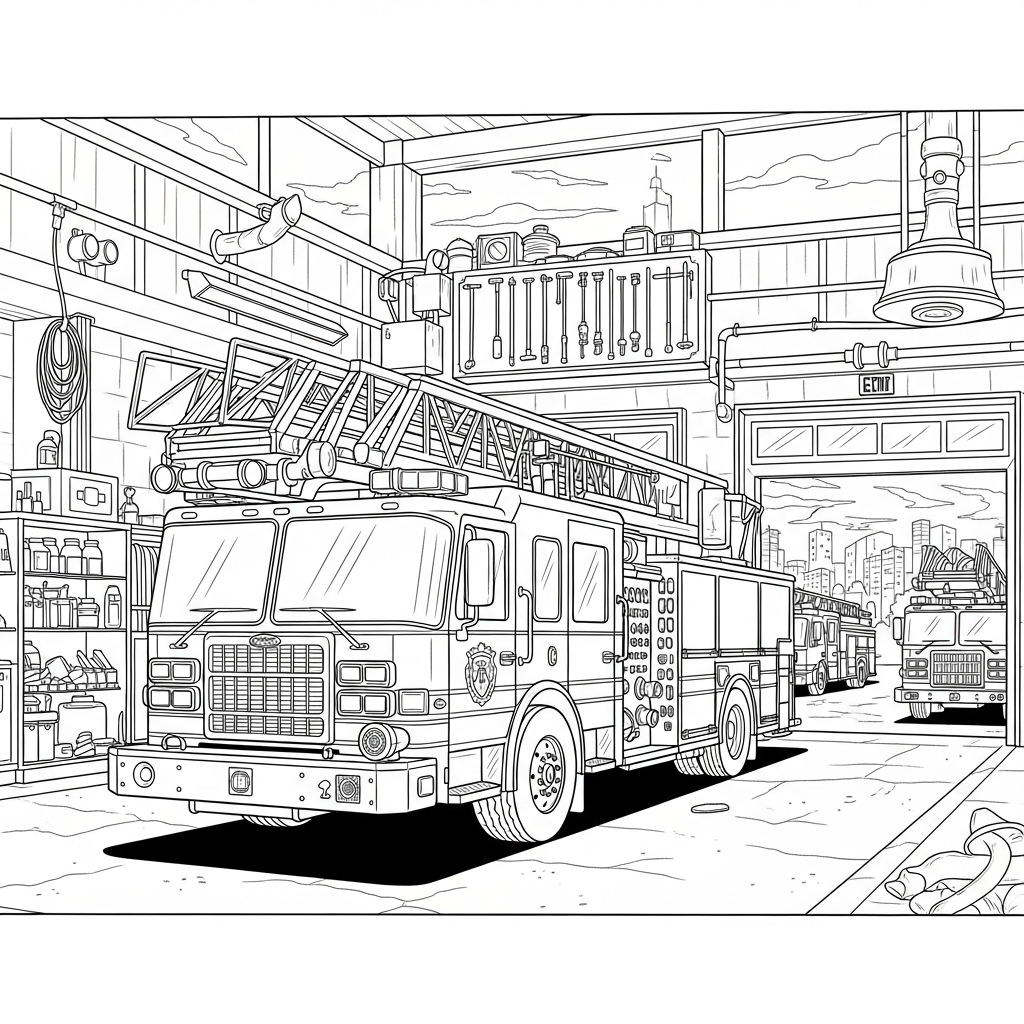 Realistic Fire Truck Coloring Page at the Fire Station coloring page printable