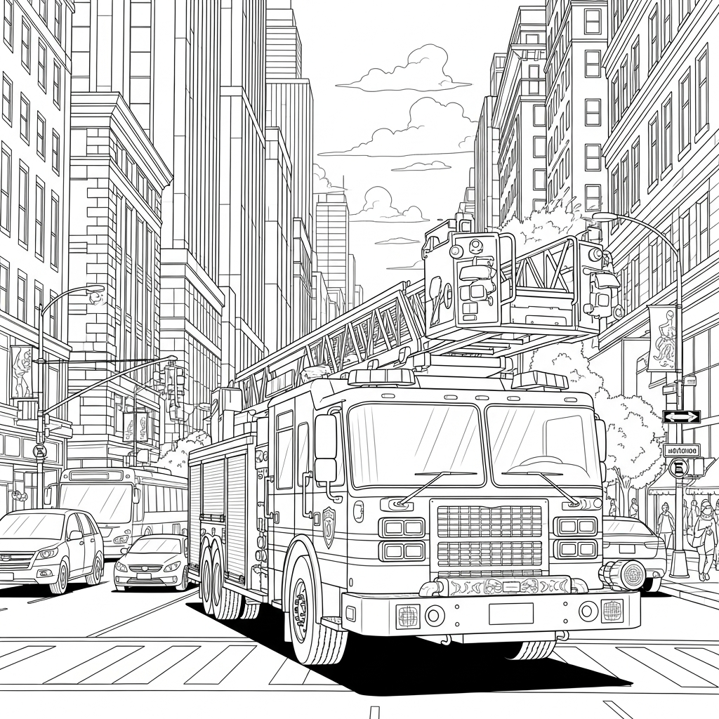 Camion dei Pompieri Realistico Difficile Su Una Strada Affollata Con Sirene - Pagina Da Colorare coloring page printable