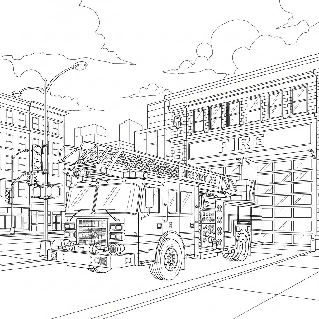 Colora il Camion dei Pompieri Realistico Parcheggiato Fuori da un Caserma dei Pompieri coloring page printable