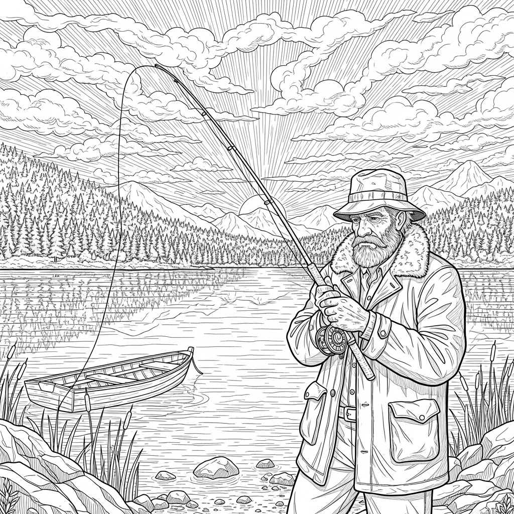 Challenging Realistic Fisherman by the Lake Coloring Page coloring page printable