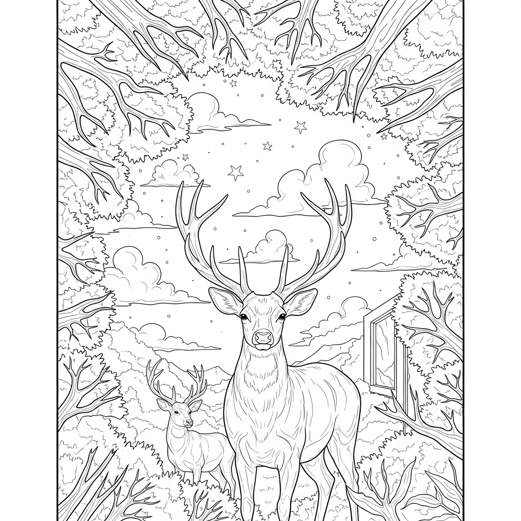Colora la Pagina da Colorare della Densa Canopia Forestale con Cervo coloring page printable