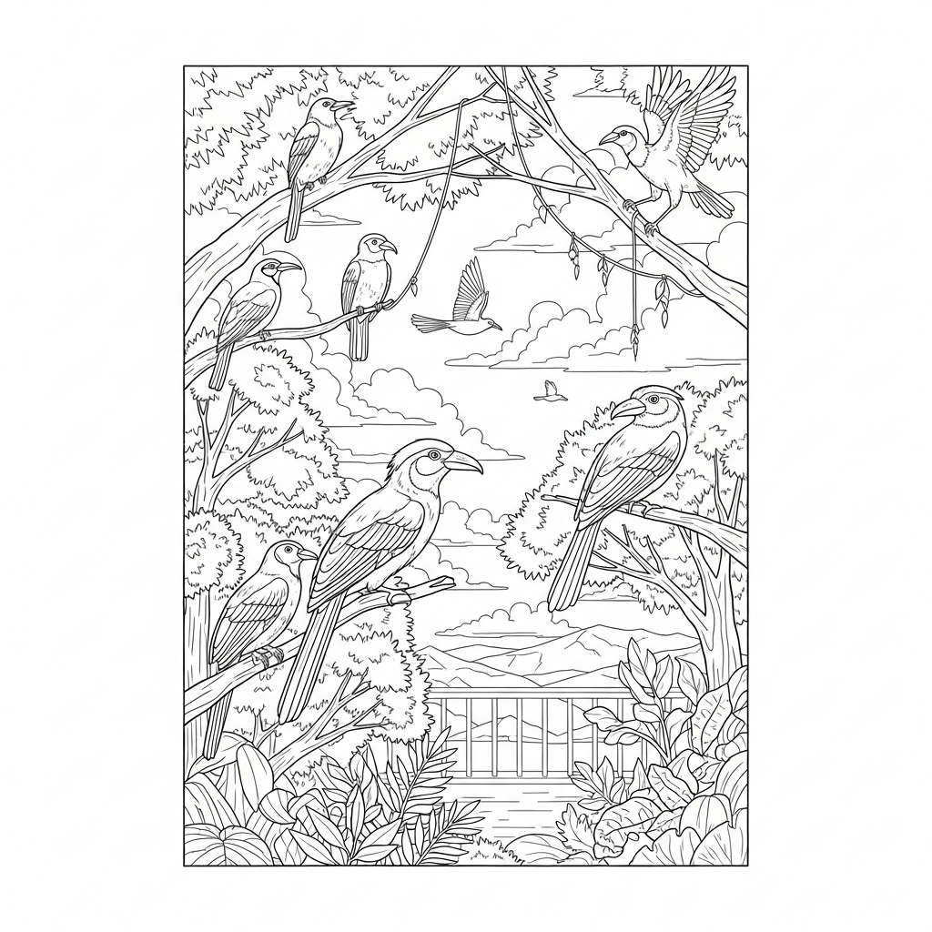 Página de Colorir: Densa Cobertura Florestal com Aves da Floresta Tropical coloring page printable