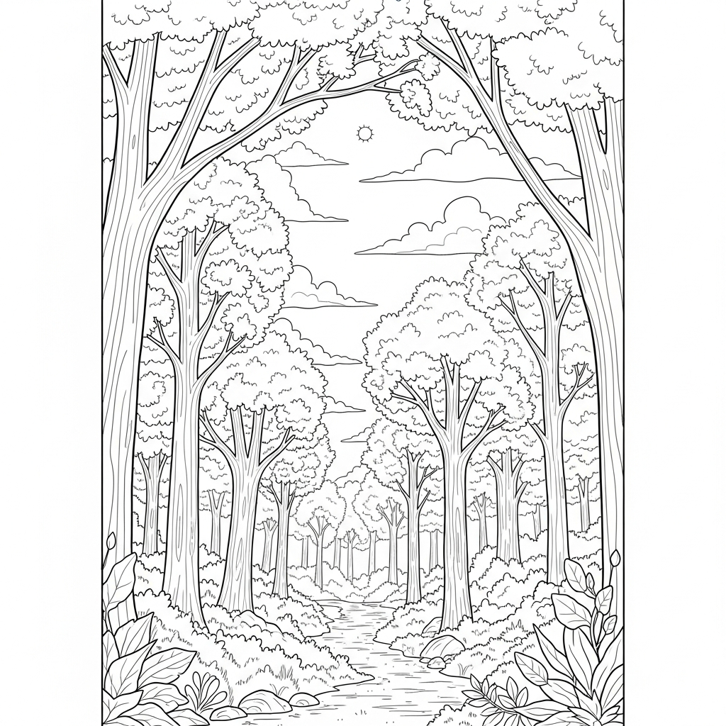 Colora la Difficile Corona Forestale con Sentiero nel Bosco coloring page printable