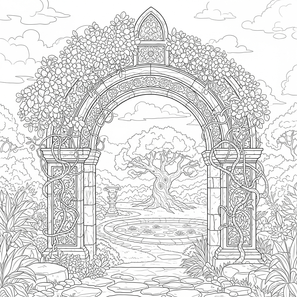 Página para Colorir Arco de Jardim Realista Difícil Coberto de Flores coloring page printable