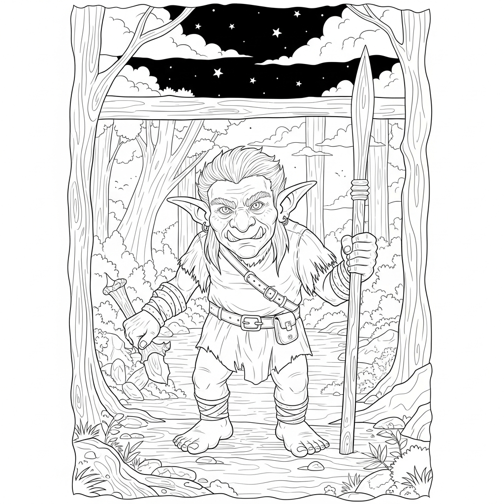Schwierige realistische Goblin-Ausmalbild im Wald coloring page printable