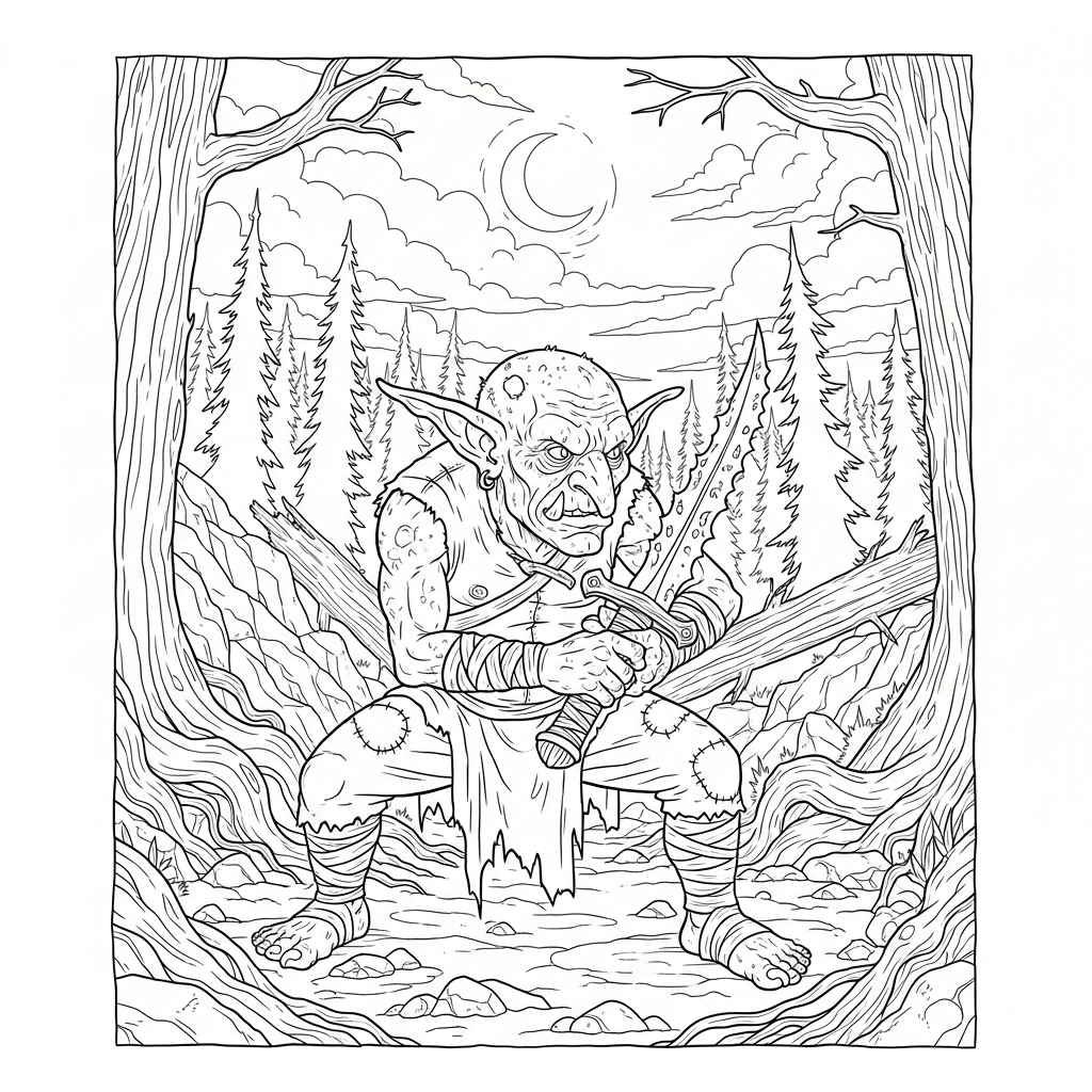 Pagina da Colorare Goblin Realistico con Pugnale coloring page printable
