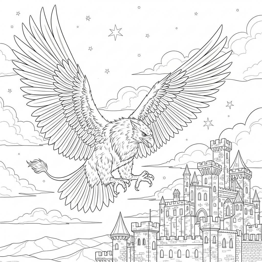 Coloriage Dur : Griffon Réaliste Volant au-dessus d'un Château coloring page printable