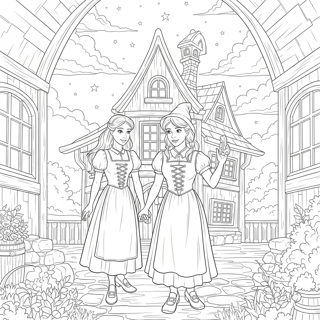 Challenging Hansel and Gretel Outside the Witch's House Coloring Page coloring page printable