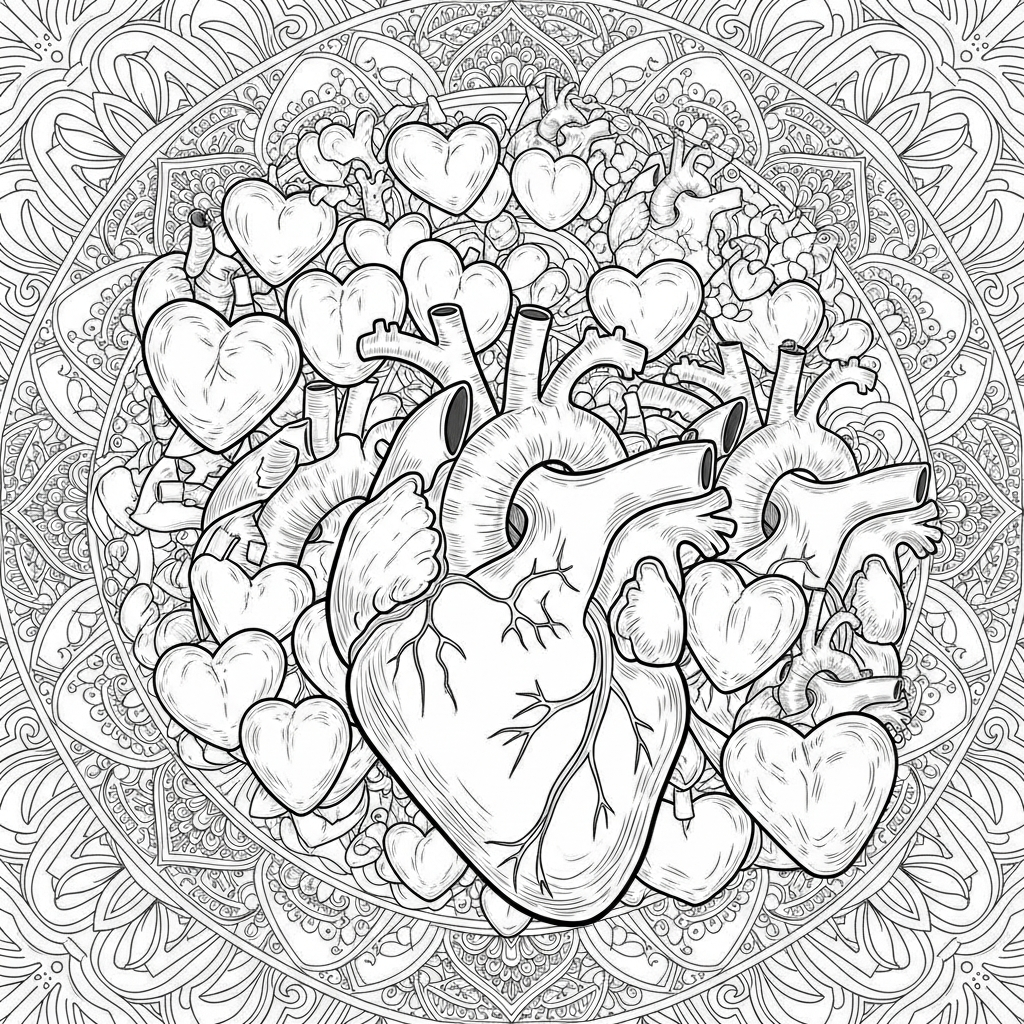 Intricate Heart Design on a Mandala Background Coloring Page coloring page printable