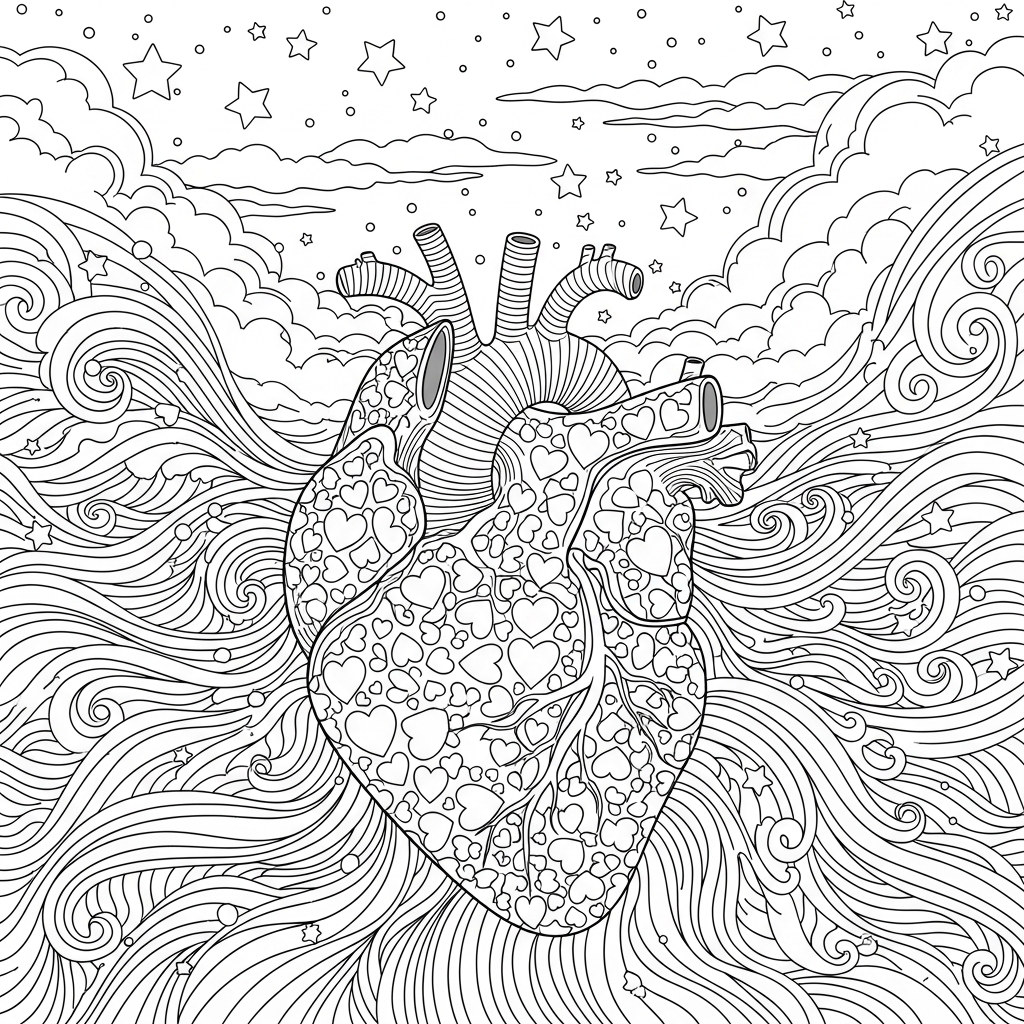 Pattern di Cuori Realistici Difficile con Onde Astratte - Pagina da Colorare coloring page printable