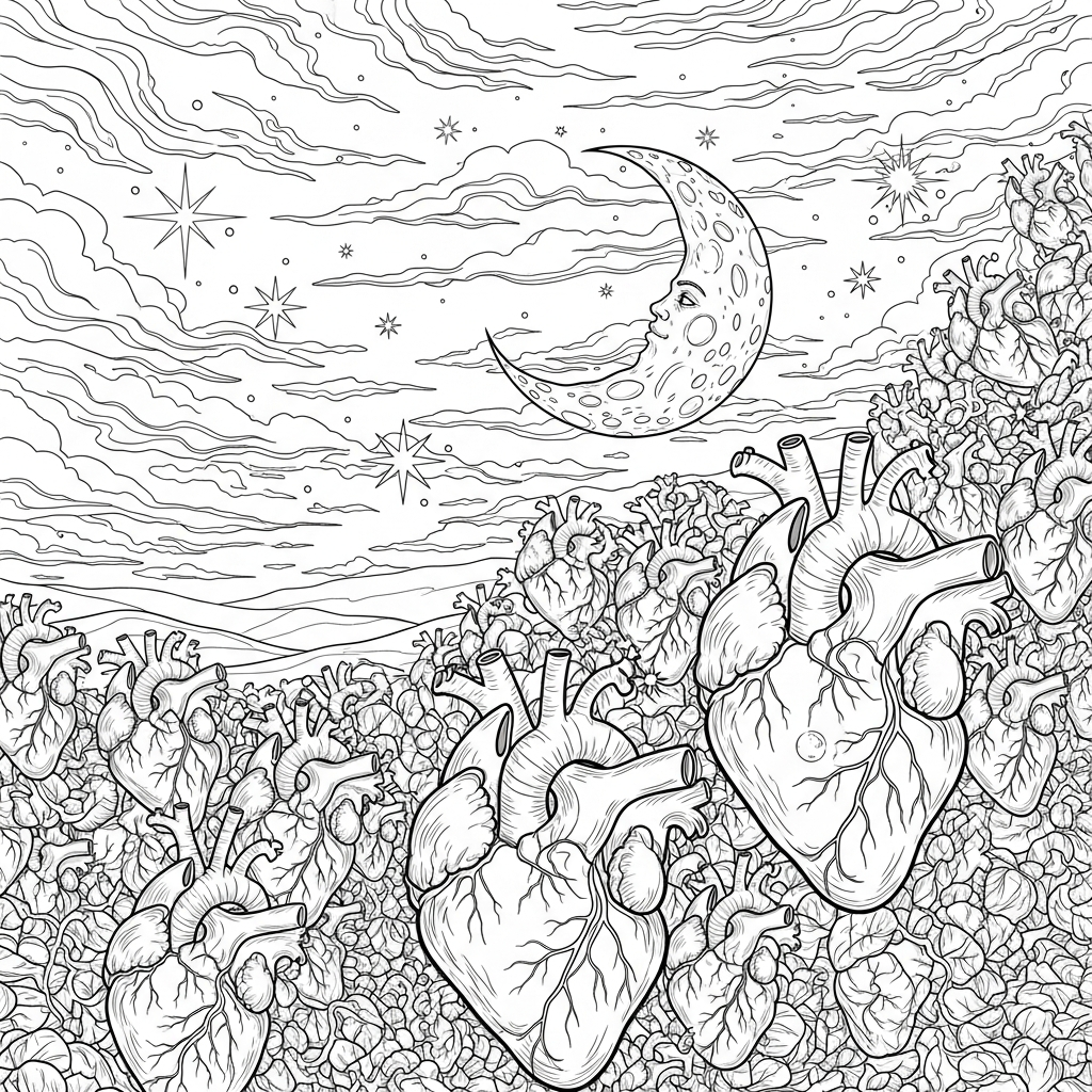Challenging Heart Pattern Coloring Page with Moon and Stars coloring page printable