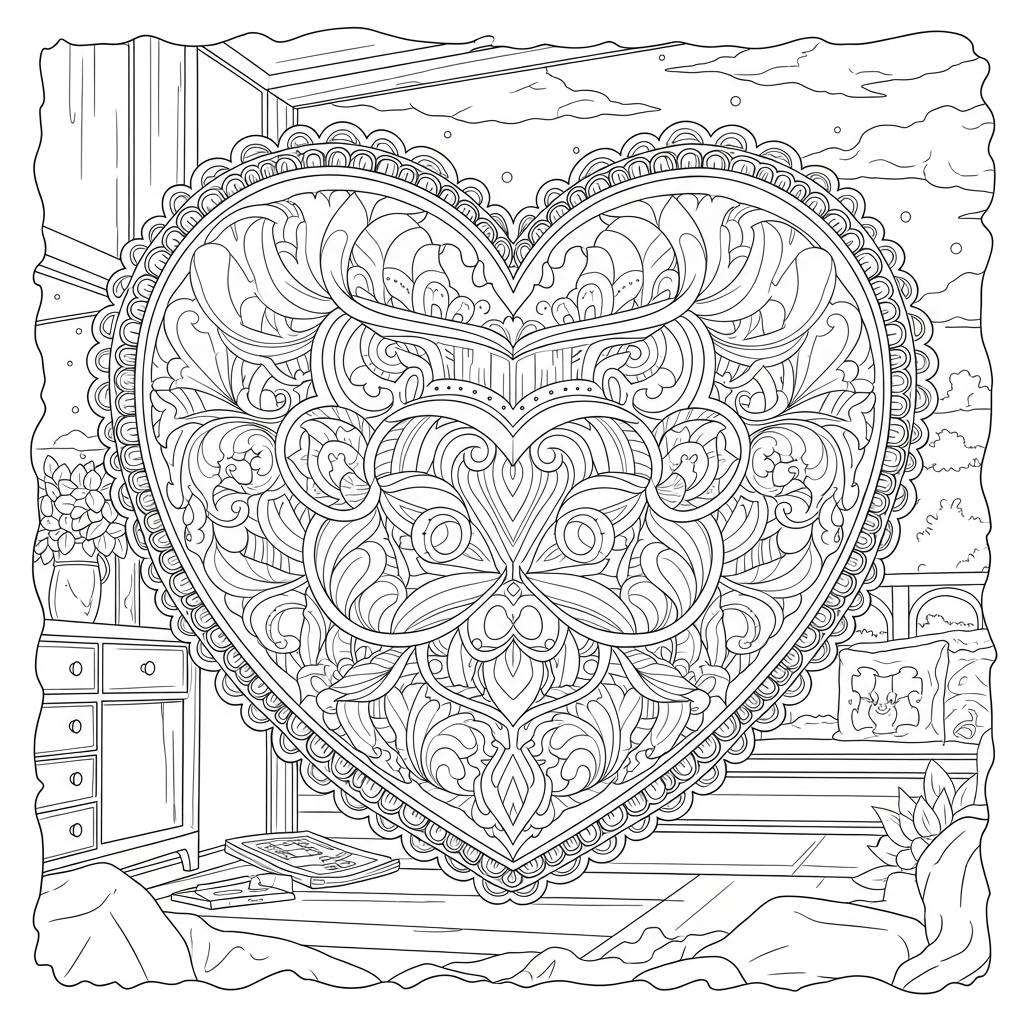 Disegno da Colorare: Cuore Realistico Con Cornice In Pizzo coloring page printable