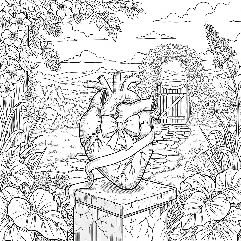 Realistic Heart with Bow and Ribbon Coloring Page coloring page printable