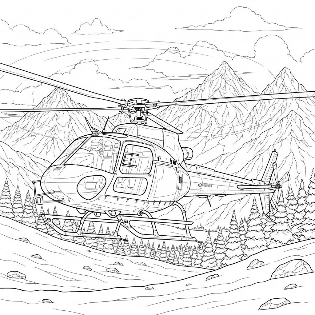Realistic Helicopter Coloring Page Over Snowy Landscape coloring page printable