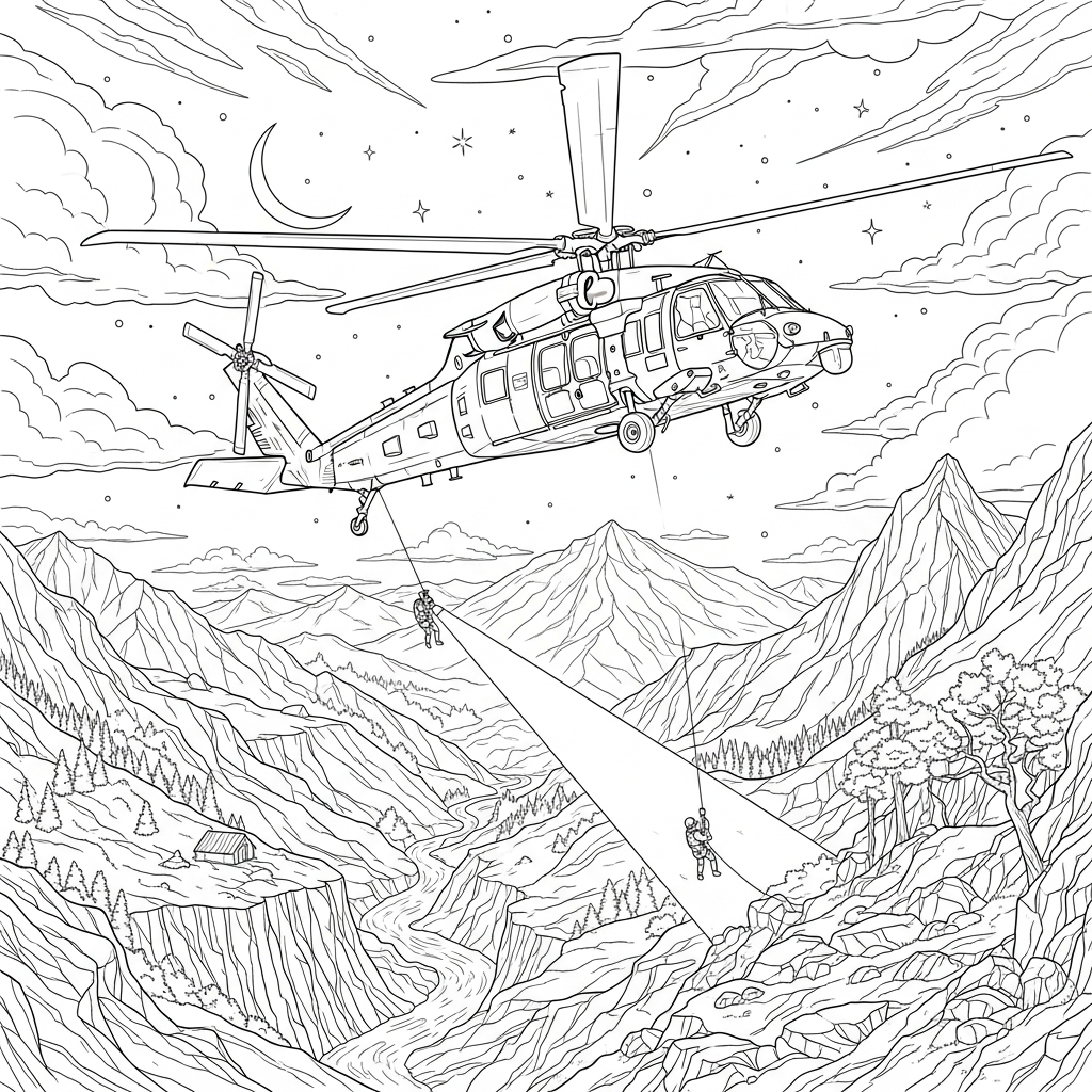Challenging Helicopter Search and Rescue Mission Coloring Page coloring page printable
