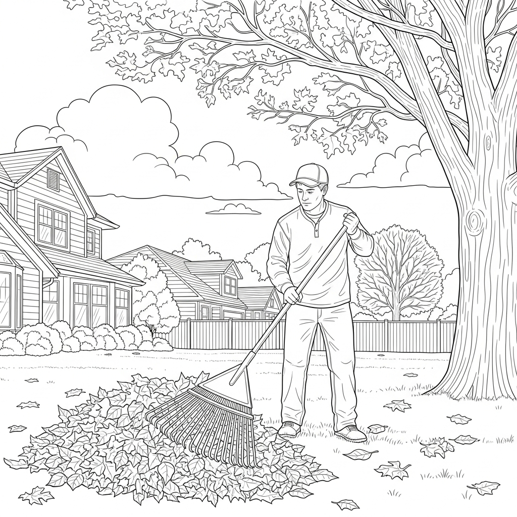 Página para Colorir: Dono de Casa Realista Limpando o Jardim com Rasteira coloring page printable