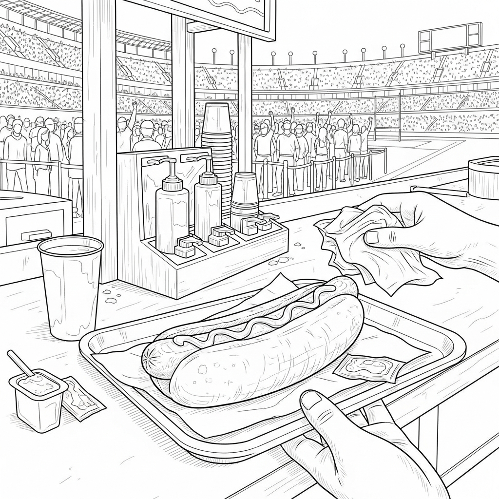 Página para Colorear un Perro Caliente Realista en el Quiosco del Estadio coloring page printable