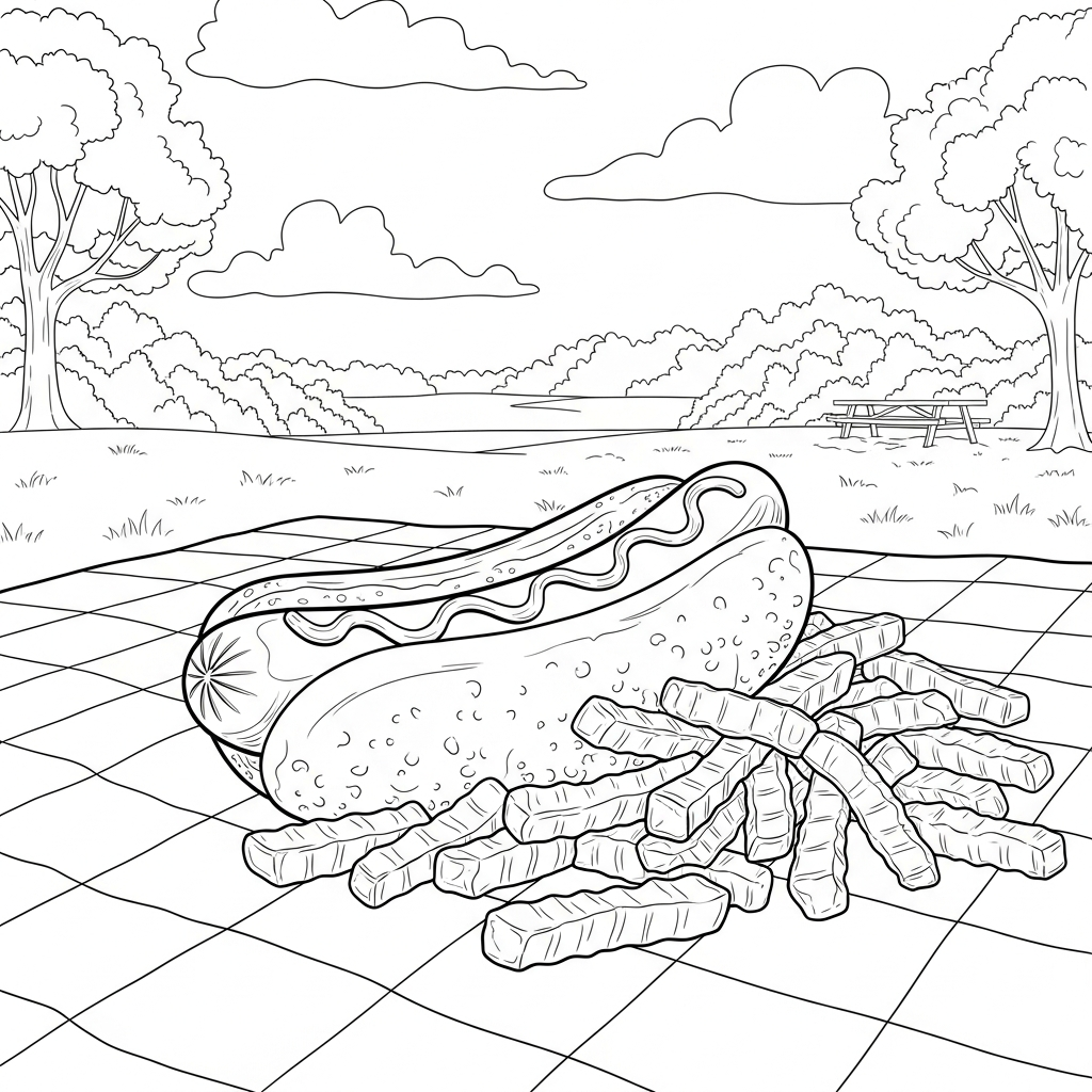 Coloración de Perro Caliente Realista con Papas Fritas coloring page printable