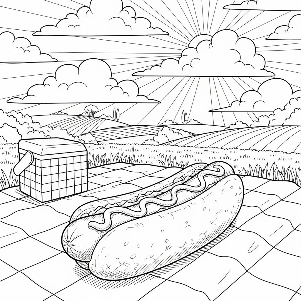 Challenging Realistic Hot Dog on Picnic Blanket Coloring Page coloring page printable